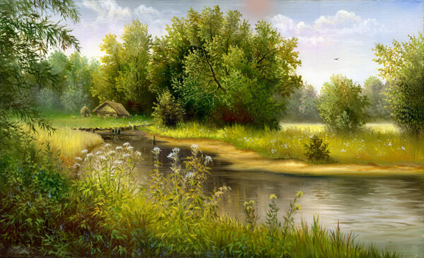 河流和树木自然风景油画图片