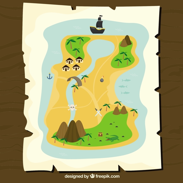 羊皮纸彩色海盗宝藏地图