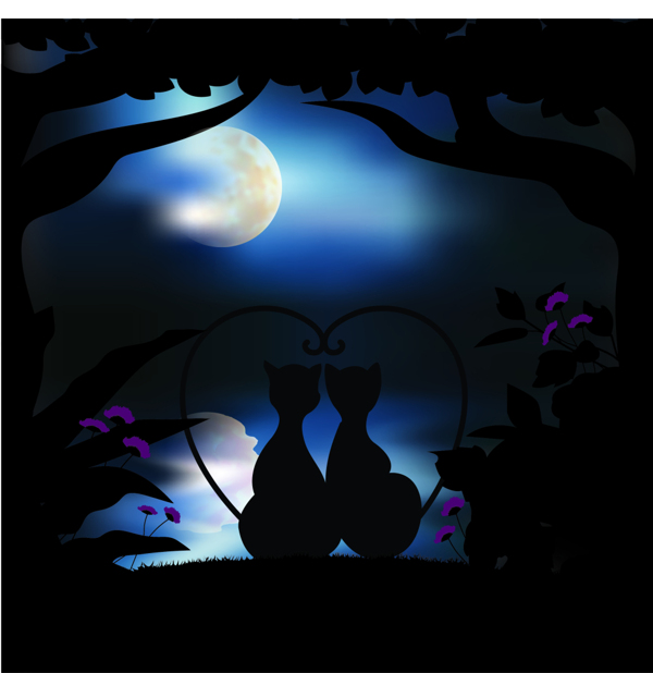 月光下浪漫的情侣猫插画