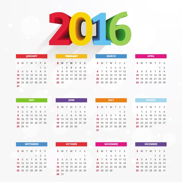 2016日历与彩色数字