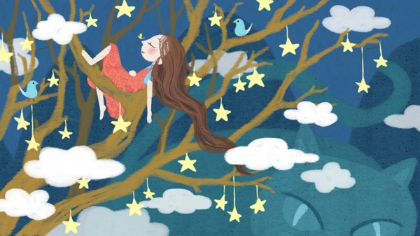 梦游仙境星星树上睡着的女孩