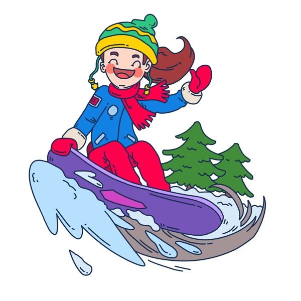 卡通假日出游滑雪人物插画