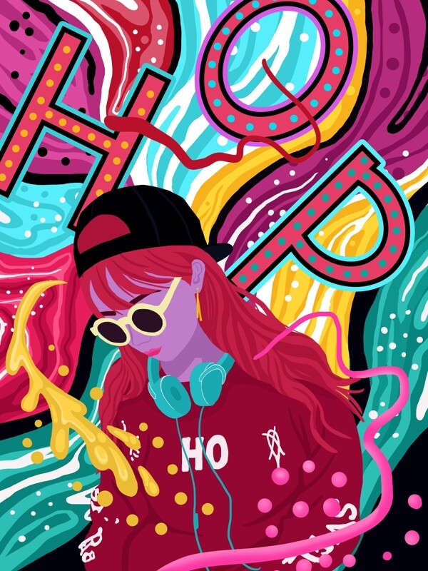 流动的糖果色之嘻哈音乐女孩系列插画