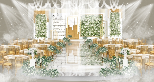 清新白绿色婚礼舞台效果图
