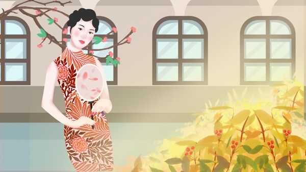 简约复古民国时期旧上海旗袍美女赏花插画