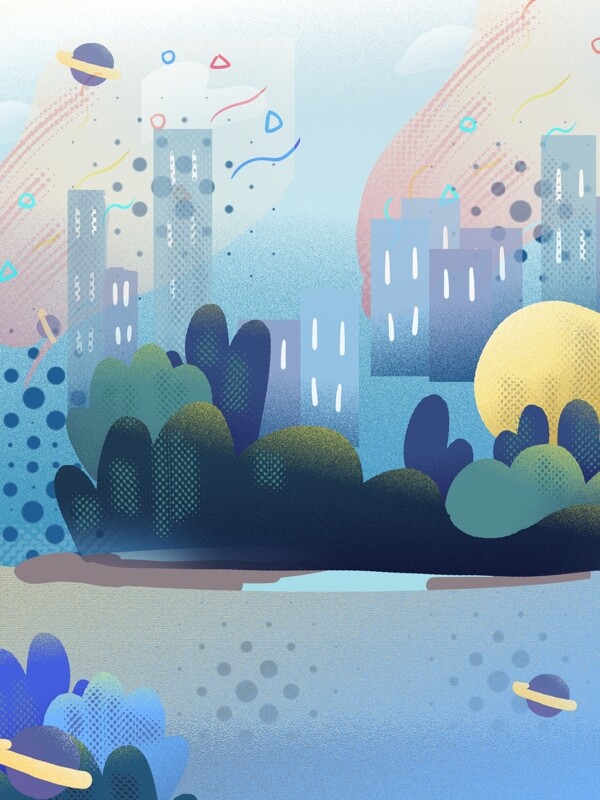 手繪綠色植物城市風(fēng)景插畫背景