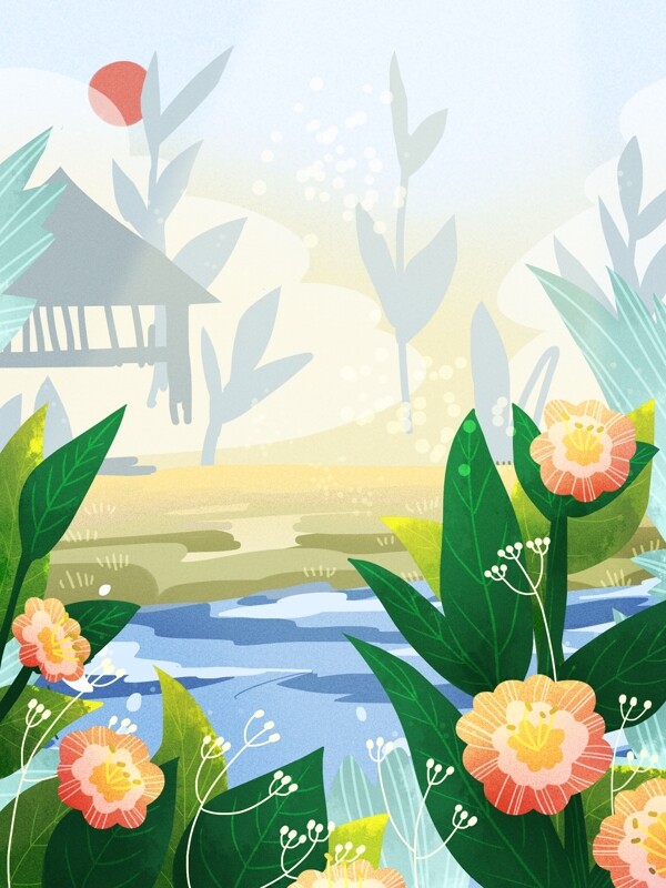 手绘春季花丛小河背景设计
