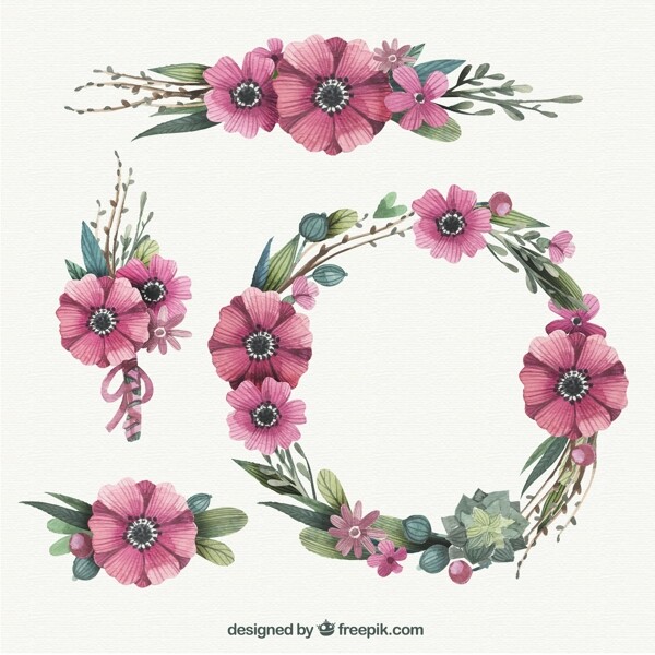 4款水彩花朵與花環(huán)