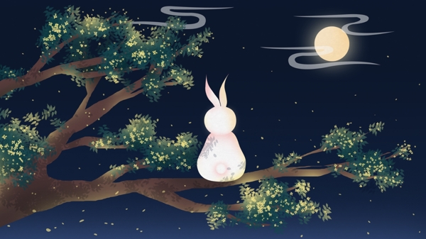 中秋节桂花树上看月亮的小白兔