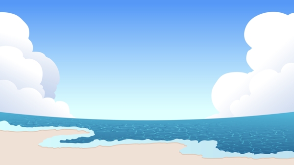 手绘蓝天白云夏日海边沙滩背景
