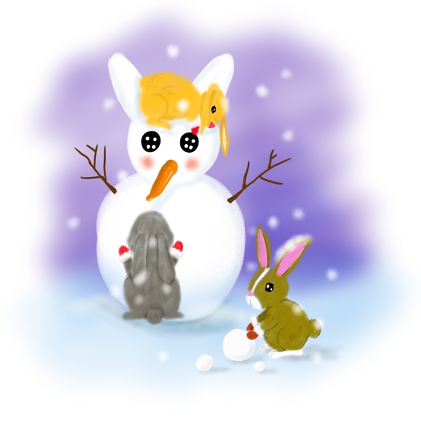手绘冬日雪景复活节的兔子可商用插画元素