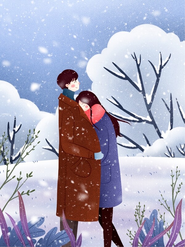 唯美冬季雪景户外雪中情侣插画