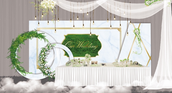 白绿色婚礼甜品区效果图
