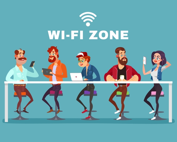 卡通使用免費(fèi)WIFI的人們