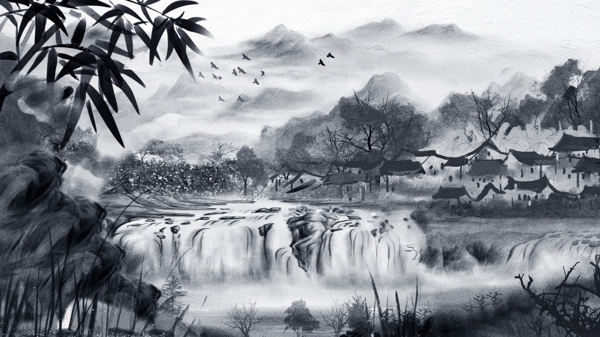唯美中国古风水彩画水墨画山水风景插画