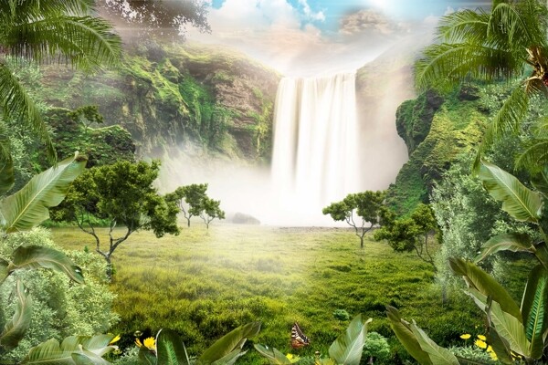 魔幻森林瀑布背景海报素材图片