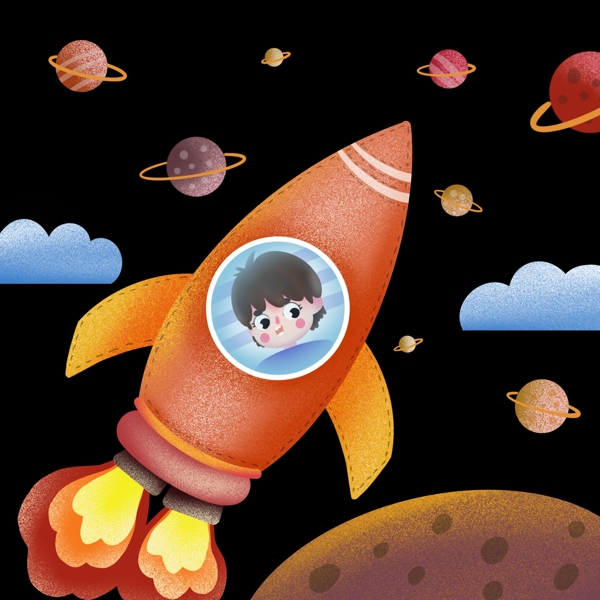 儿童节坐火箭的儿童png免抠图