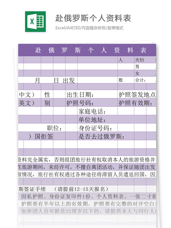 赴俄罗斯个人资料表excel模板