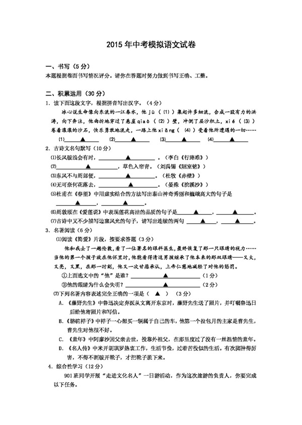語文蘇教版中考模擬語文試卷