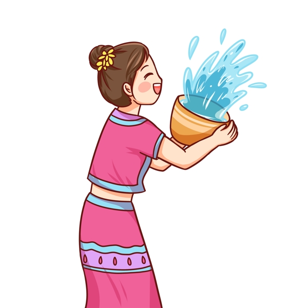 手绘泼水节泼水的傣族姑娘
