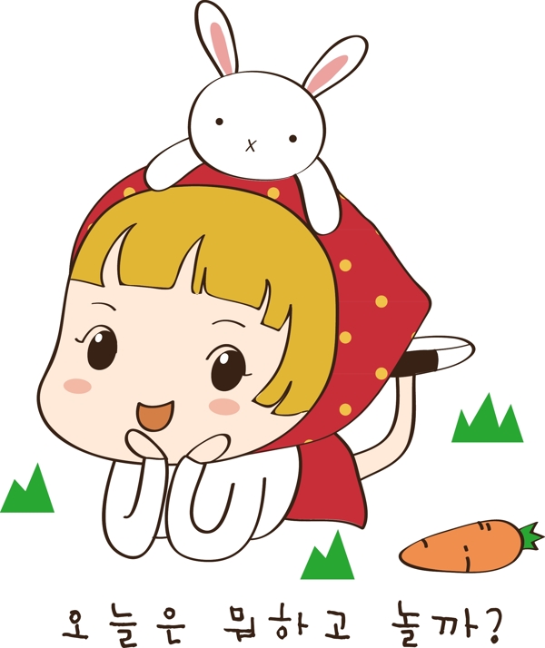 女孩和兔子趴在地上圖片