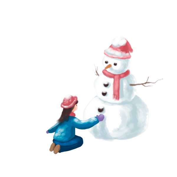 卡通清新堆雪人的女孩