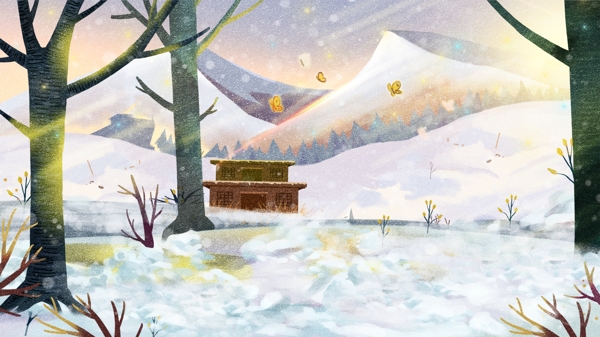 五彩冬季雪地树林背景设计