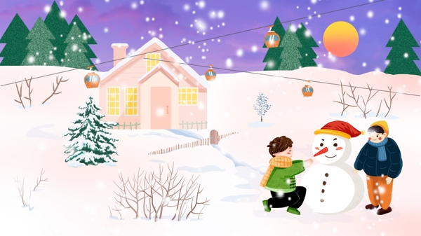 二十四節(jié)氣之小雪堆雪人手繪插畫