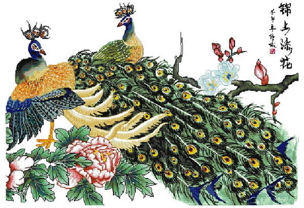 十字繡兩只孔雀圖紙