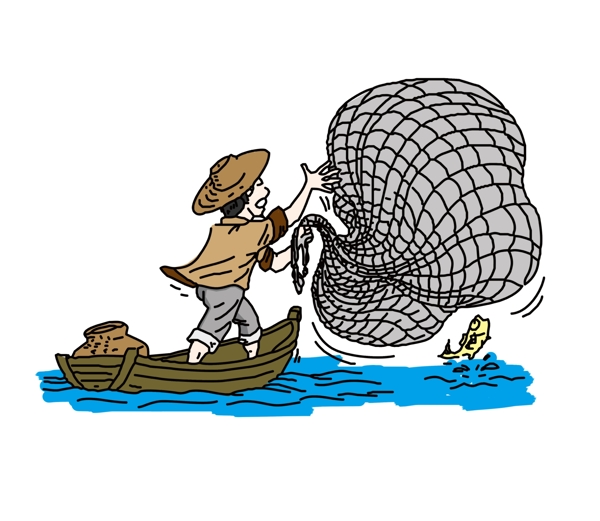 卡通渔民渔船捕鱼插画图片