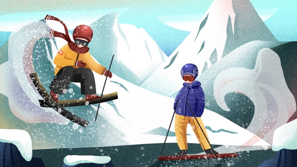 滑雪场景肌理写实噪点唯美简约商业插画