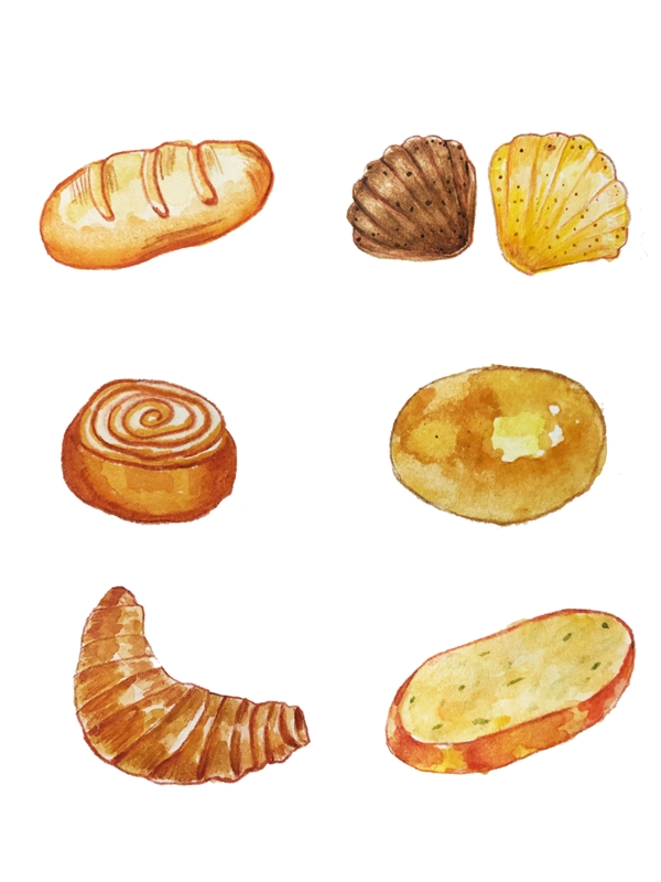 手绘水彩不同种类面包