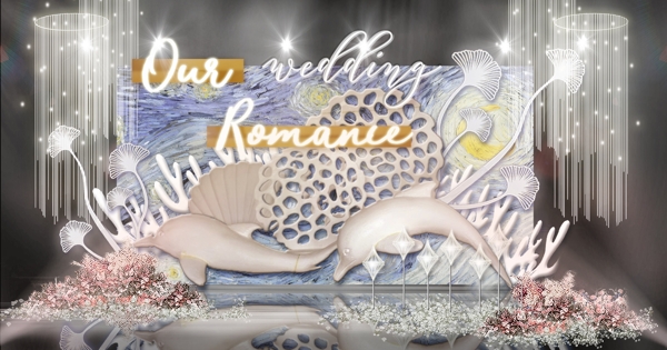 简约海洋王国海豚珊瑚贝壳霓虹灯婚礼效果图