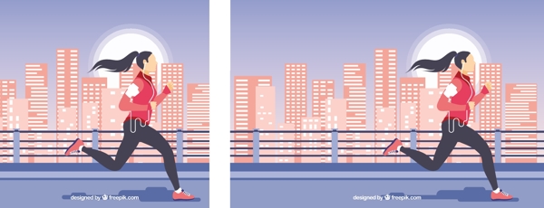 女孩跑步穿过现代城市背景