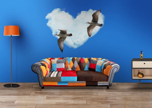 蓝色墙和彩色沙发商业海报
