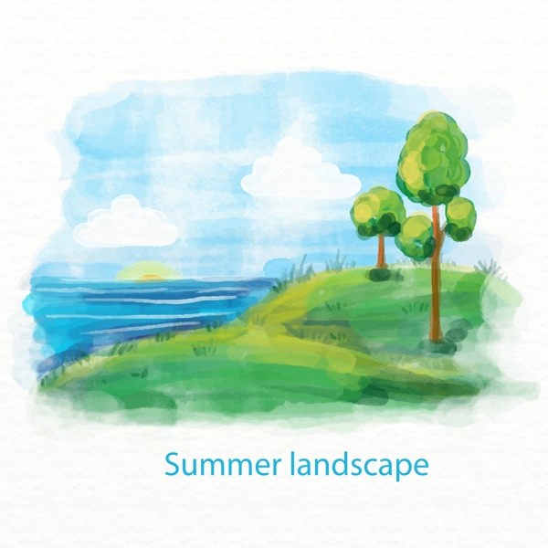 水彩绘夏季海边树木风景矢量图