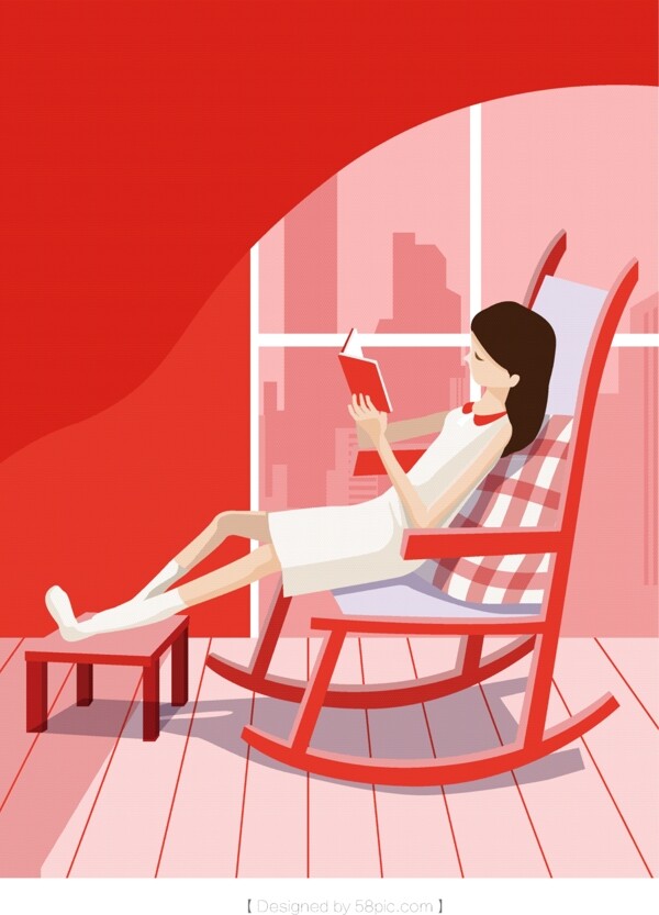 红色女孩在躺椅上看书原创小清新插画AI矢量