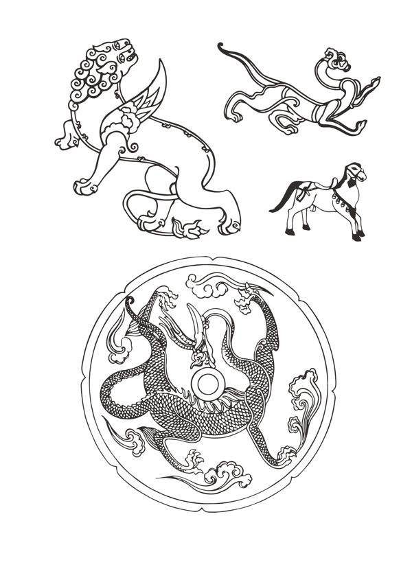 矢量中國傳統(tǒng)紋樣瑞獸線條