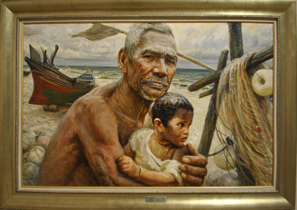 油画的渔民相框油画图片