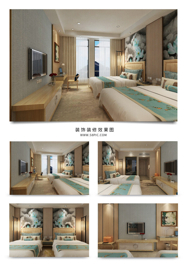 现代新中式客房双人间装修效果图