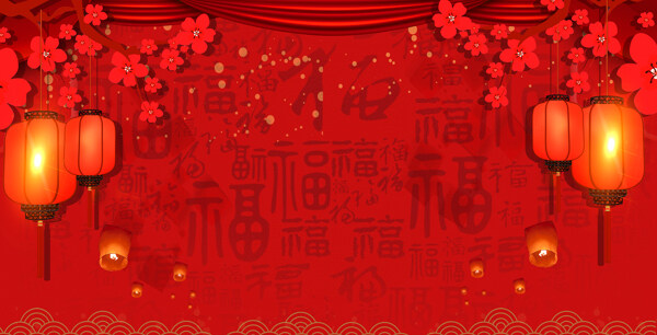 梅花灯笼祝福新春红色背景