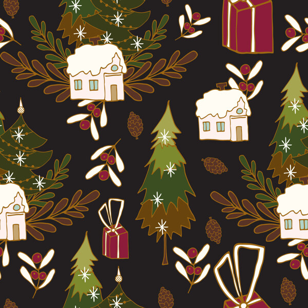 黑色树木房屋圣诞背景jpg背景素材