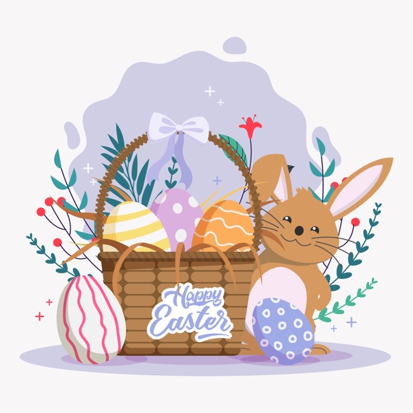 可爱复活节彩蛋篮子和兔子