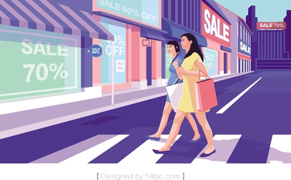 女人逛街购物插画