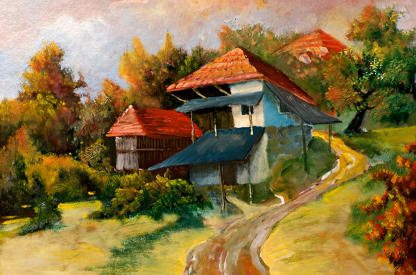 乡村房屋油画图片