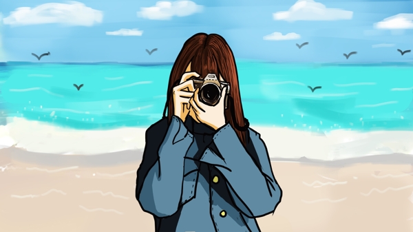 夏天阳光沙滩海边拍照的女孩插画海报