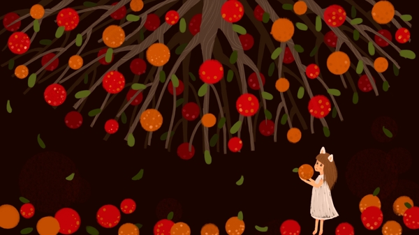 秋天你好秋实果树下的小女孩原创插画配图