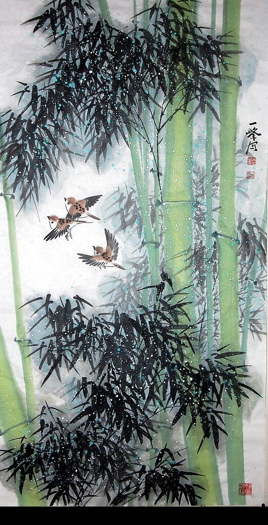 國(guó)畫翠竹飛雀圖片
