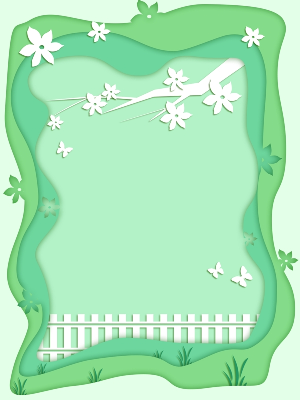 绿色清新淡雅剪纸风春季篱笆百花盛开背景