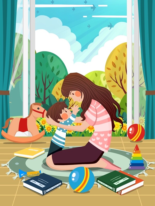 世界幸福日男孩拥抱母亲幸福温馨场景插画